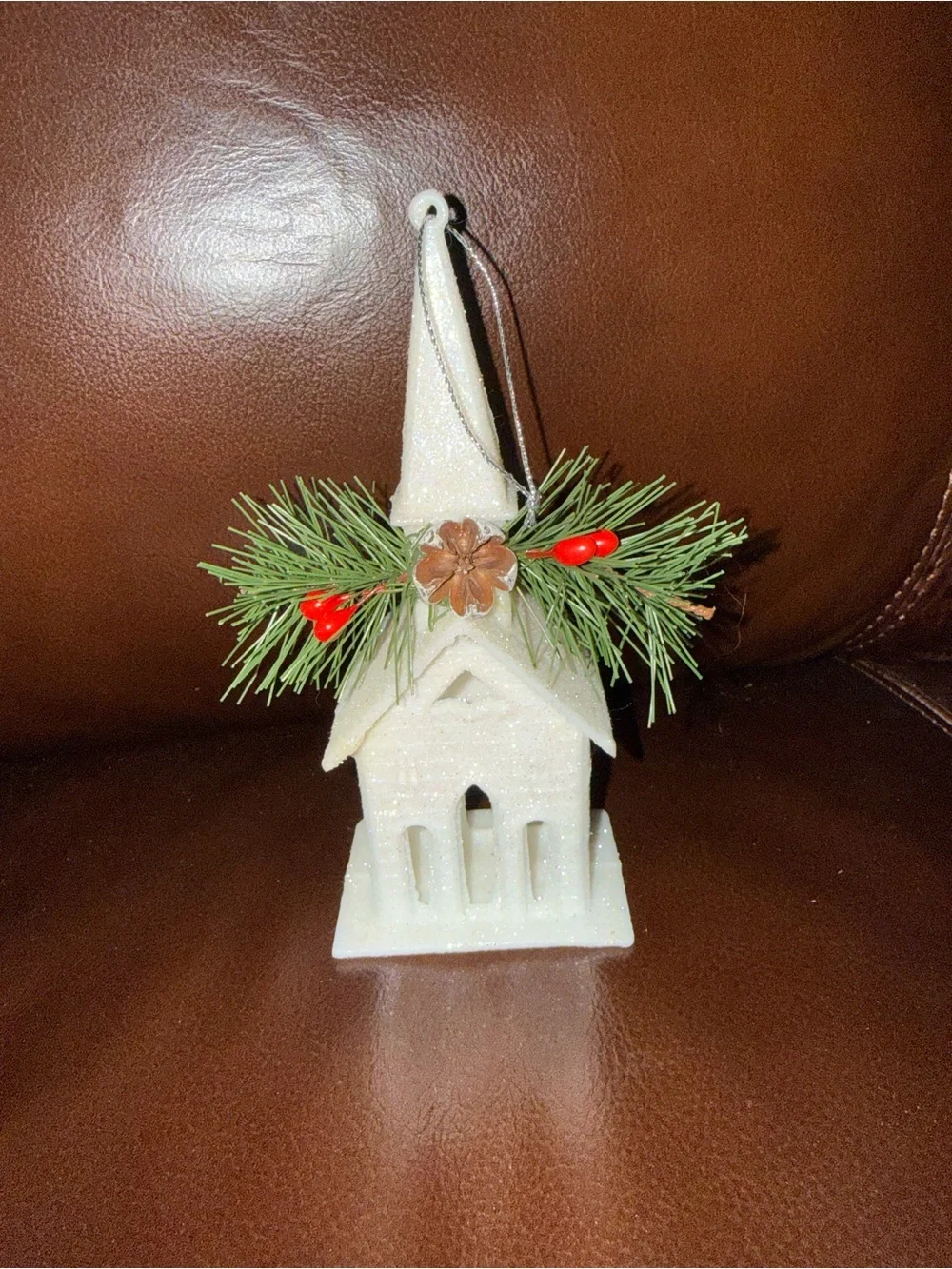 White Church glittery Christmas Ornament with Pine Sprigs 6”